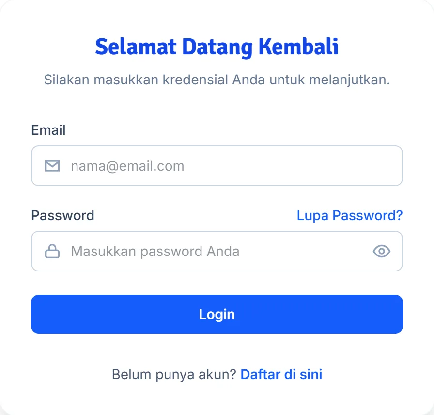 Halaman login Iniedu dengan tautan Daftar di sini di bawah tombol Login