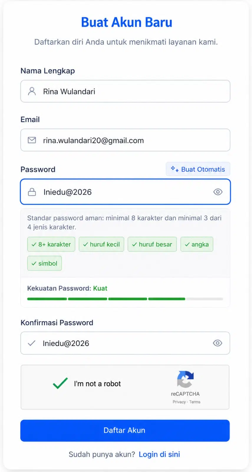 Form pendaftaran Iniedu berisi nama, email, pembuat password, reCAPTCHA, dan tombol Daftar Akun
